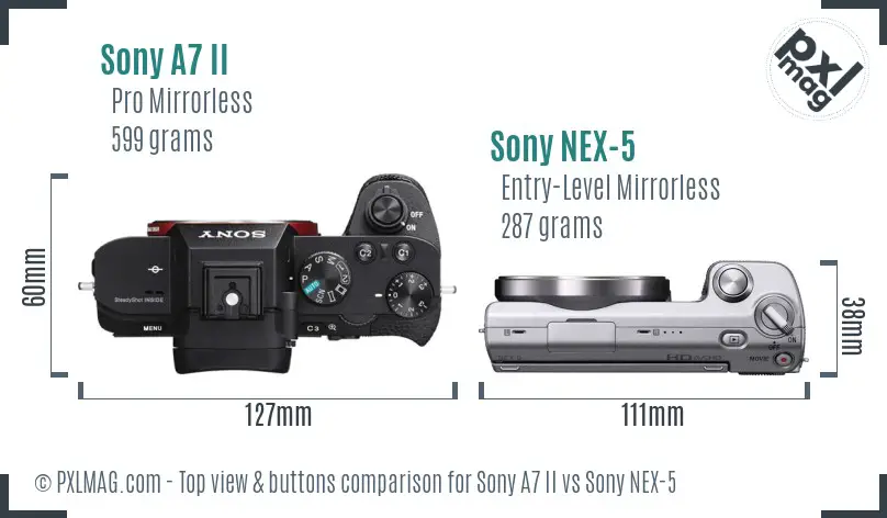 Sony A7 II vs Sony NEX-5 top view buttons comparison Sony A7 II vs Sony NEX-5 top view buttons comparison