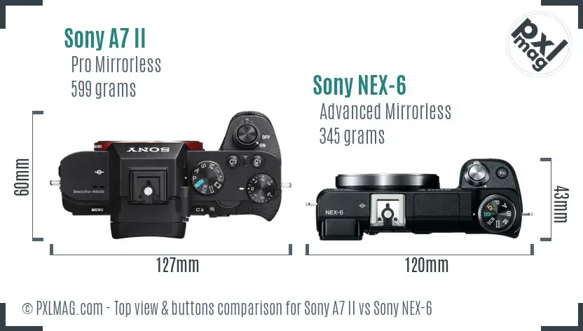 Sony A7 II vs Sony NEX-6 top view buttons comparison