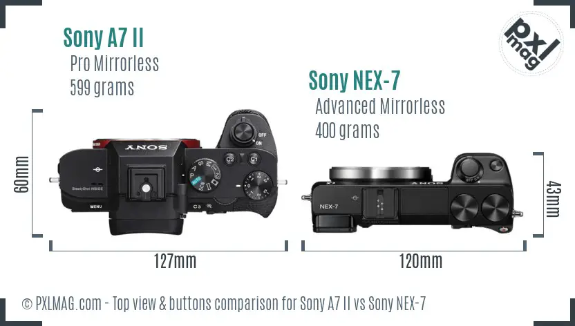 Sony A7 II vs Sony NEX-7 top view buttons comparison Sony A7 II vs Sony NEX-7 top view buttons comparison