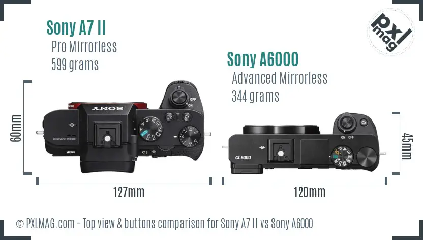 Sony A7 II vs Sony A6000 top view buttons comparison