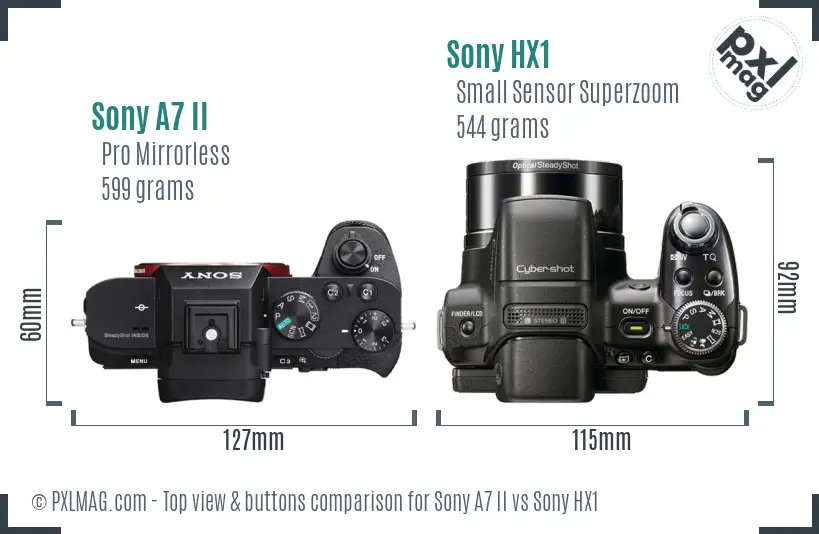 Sony A7 II vs Sony HX1 top view buttons comparison