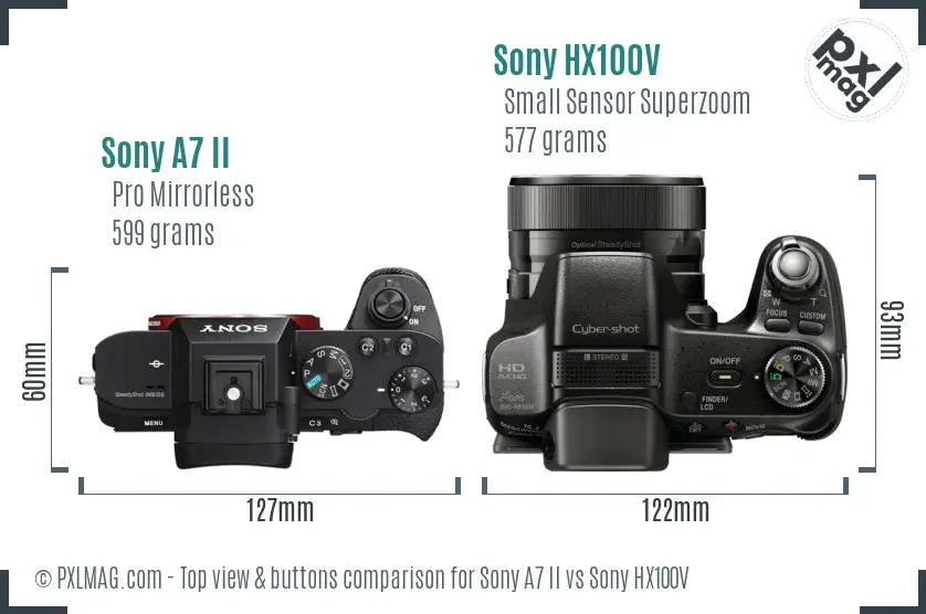 Sony A7 II vs Sony HX100V top view buttons comparison
