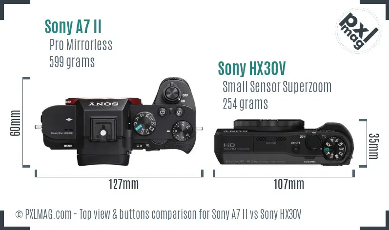 Sony A7 II vs Sony HX30V top view buttons comparison