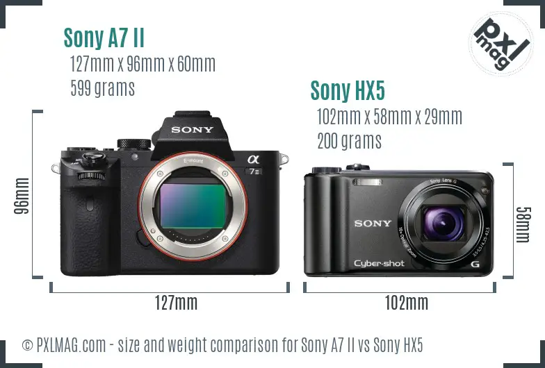 Sony A7 II vs Sony HX5 size comparison