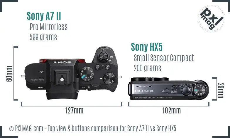 Sony A7 II vs Sony HX5 top view buttons comparison