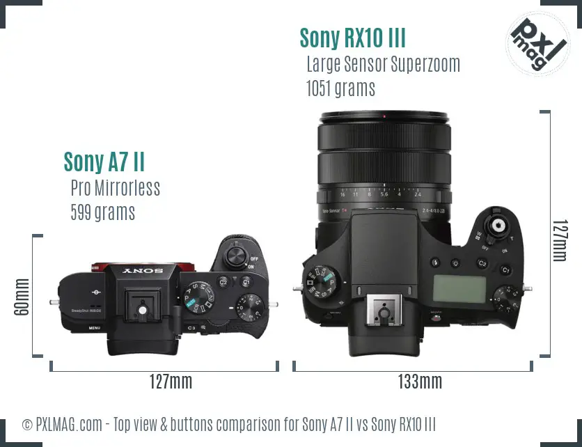 Sony A7 II vs Sony RX10 III top view buttons comparison Sony A7 II vs Sony RX10 III top view buttons comparison