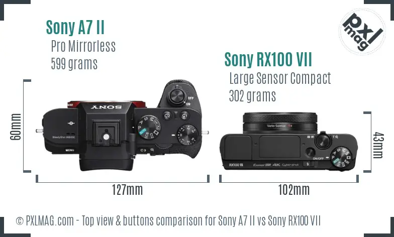 Sony A7 II vs Sony RX100 VII top view buttons comparison Sony A7 II vs Sony RX100 VII top view buttons comparison
