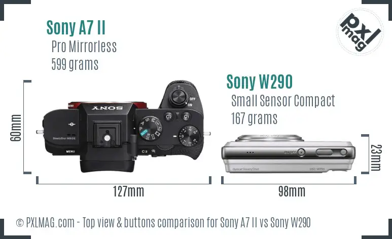 Sony A7 II vs Sony W290 top view buttons comparison Sony A7 II vs Sony W290 top view buttons comparison