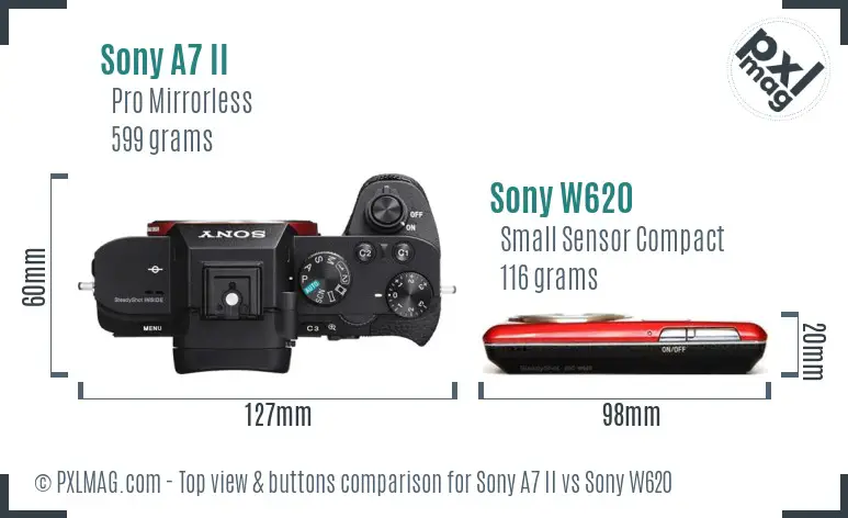 Sony A7 II vs Sony W620 top view buttons comparison Sony A7 II vs Sony W620 top view buttons comparison