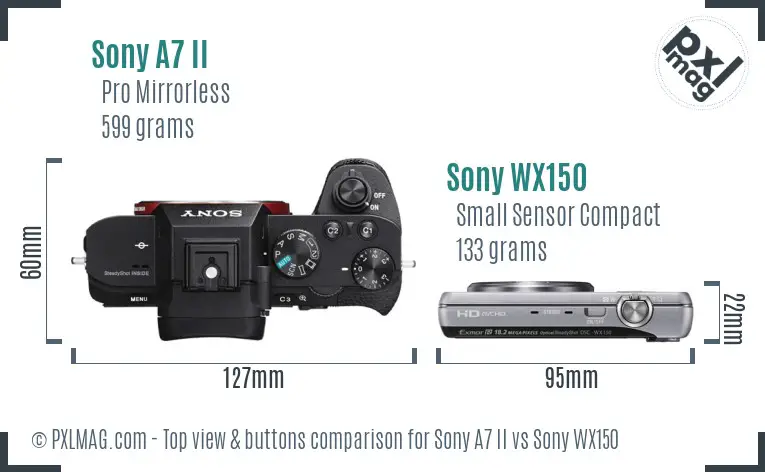 Sony A7 II vs Sony WX150 top view buttons comparison Sony A7 II vs Sony WX150 top view buttons comparison