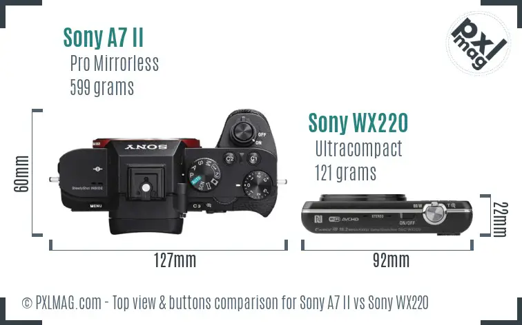 Sony A7 II vs Sony WX220 top view buttons comparison
