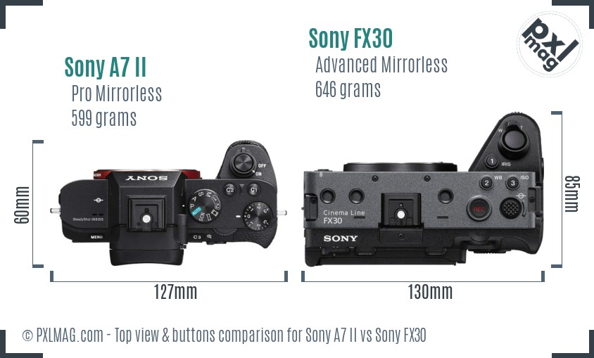 Sony A7 II vs Sony FX30 top view buttons comparison