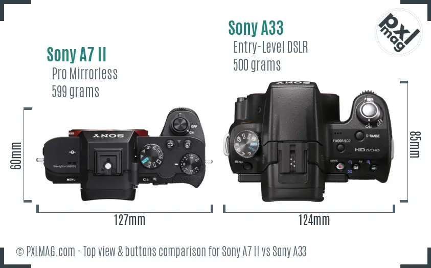 Sony A7 II vs Sony A33 top view buttons comparison