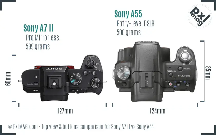 Sony A7 II vs Sony A55 top view buttons comparison