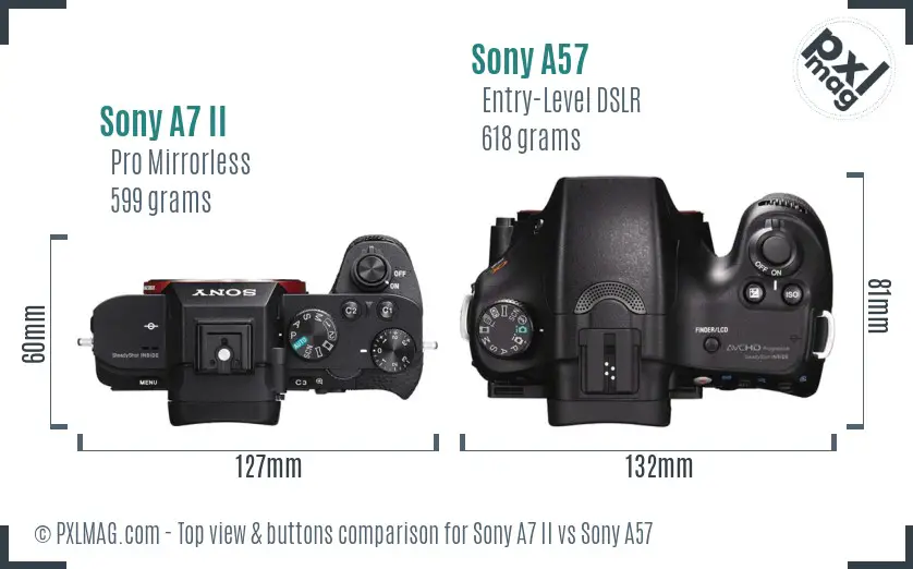 Sony A7 II vs Sony A57 top view buttons comparison Sony A7 II vs Sony A57 top view buttons comparison