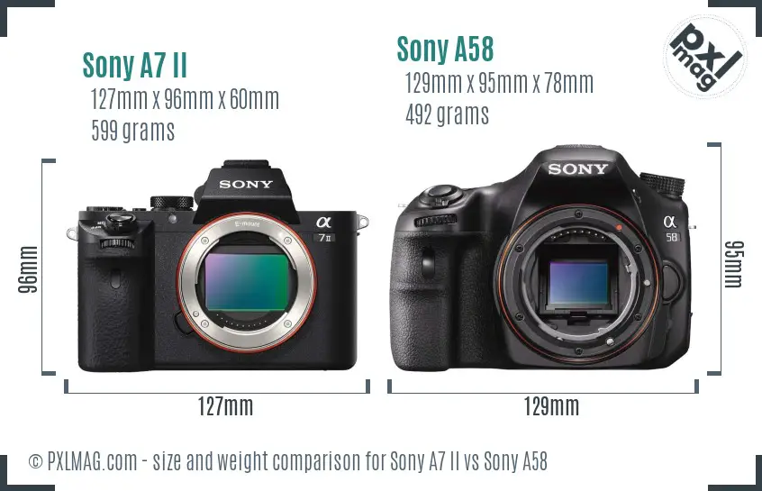 Sony A7 II vs Sony A58 size comparison