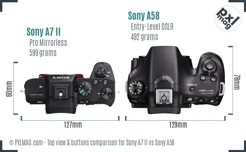 Sony A7 II vs Sony A58 top view buttons comparison