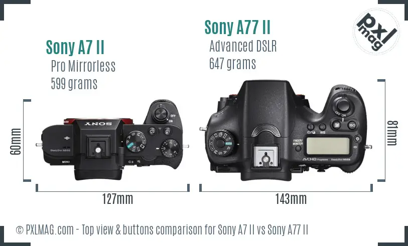 Sony A7 II vs Sony A77 II top view buttons comparison