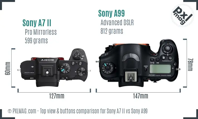 Sony A7 II vs Sony A99 top view buttons comparison