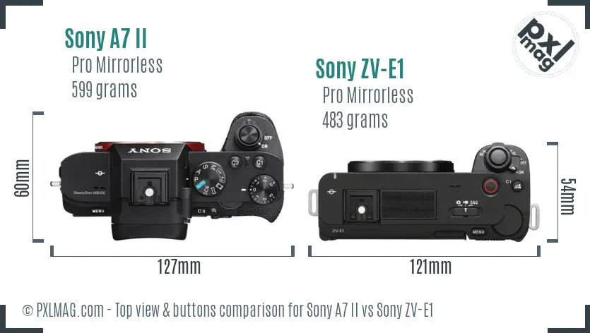 Sony A7 II vs Sony ZV-E1 top view buttons comparison Sony A7 II vs Sony ZV-E1 top view buttons comparison