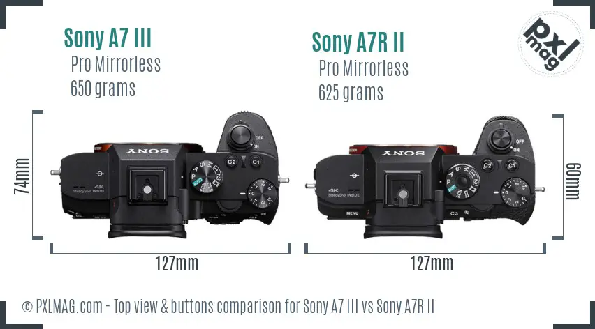 Sony A7 III vs Sony A7R II top view buttons comparison