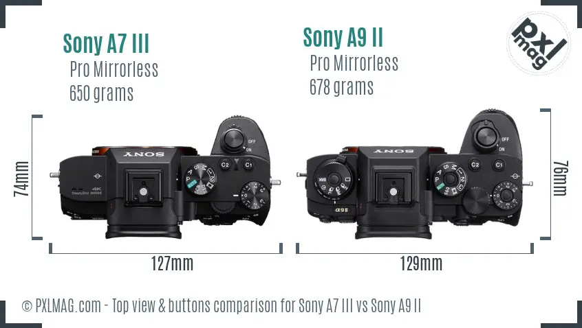 Sony A7 III vs Sony A9 II top view buttons comparison