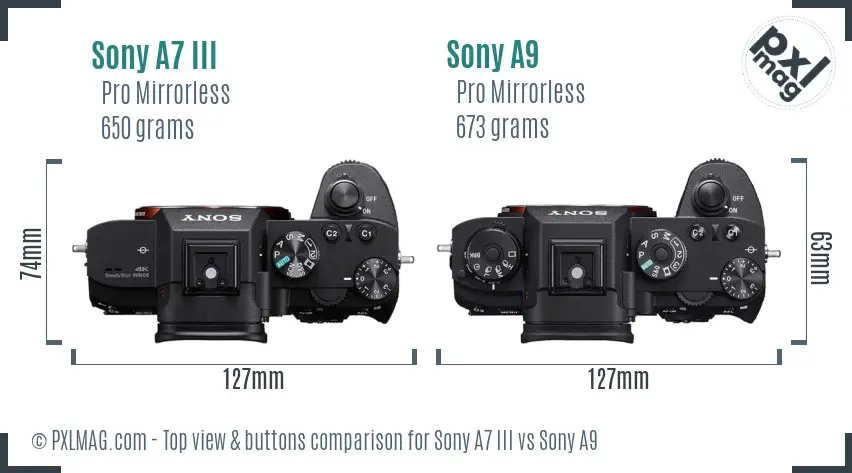 Sony A7 III vs Sony A9 top view buttons comparison