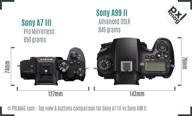 Sony A7 III vs Sony A99 II top view buttons comparison