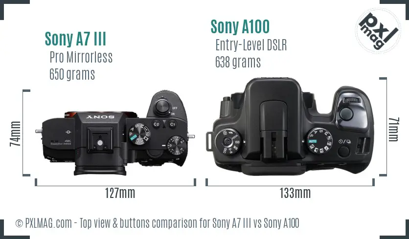 Sony A7 III vs Sony A100 top view buttons comparison
