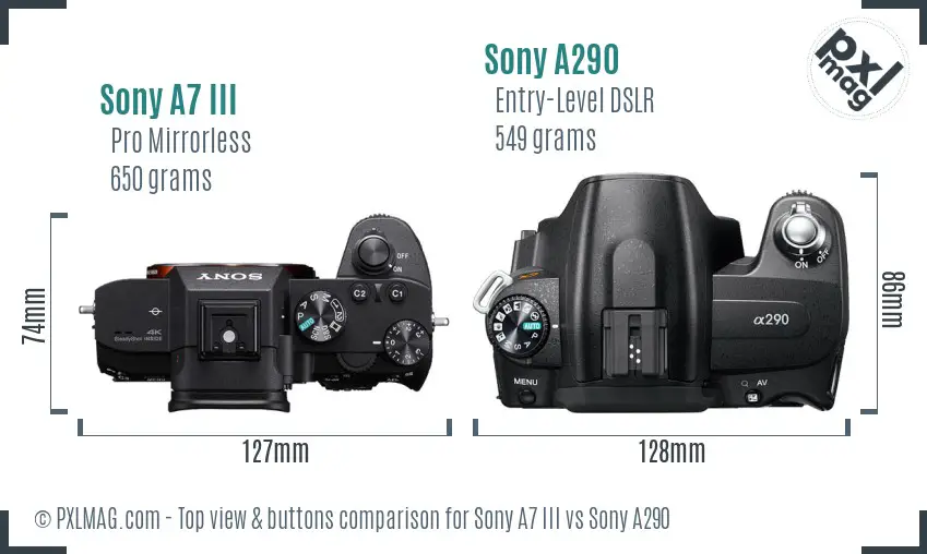 Sony A7 III vs Sony A290 top view buttons comparison