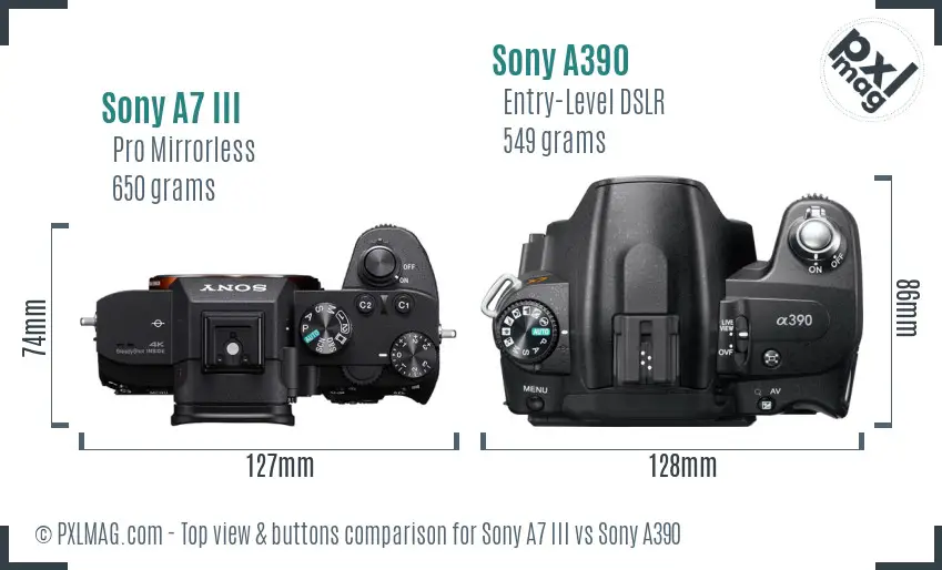 Sony A7 III vs Sony A390 top view buttons comparison