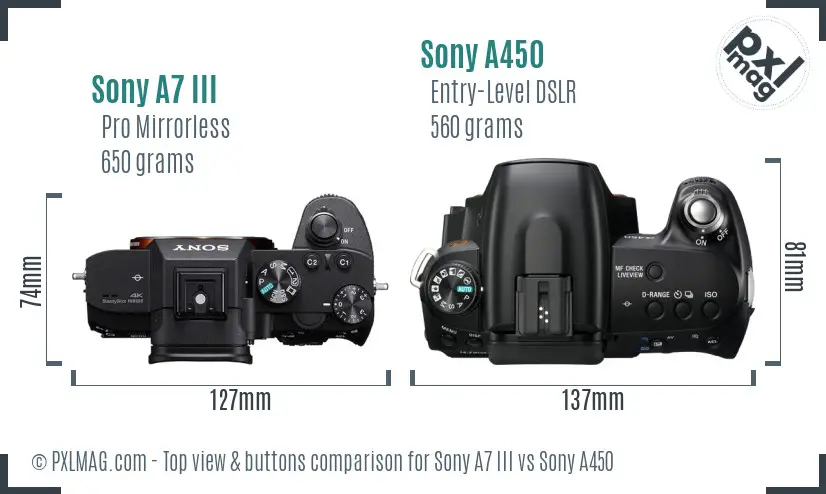 Sony A7 III vs Sony A450 top view buttons comparison