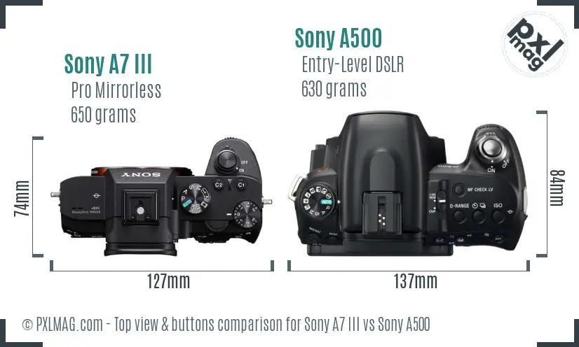 Sony A7 III vs Sony A500 top view buttons comparison