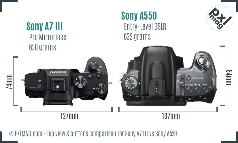 Sony A7 III vs Sony A550 top view buttons comparison