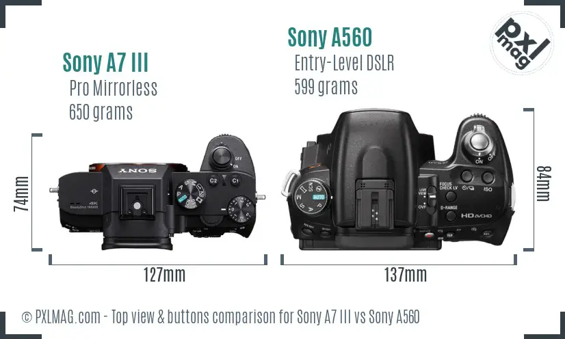 Sony A7 III vs Sony A560 top view buttons comparison