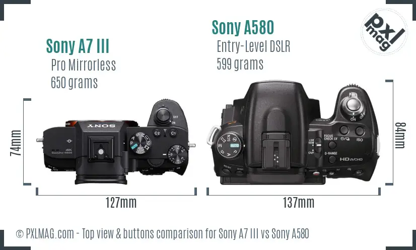 Sony A7 III vs Sony A580 top view buttons comparison