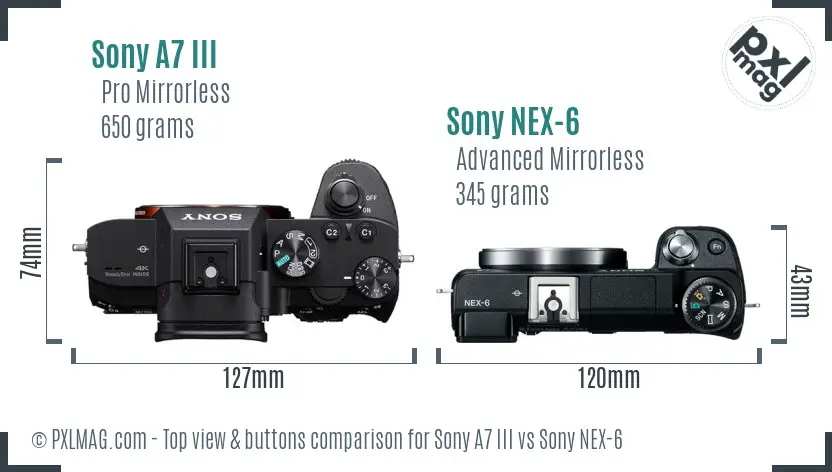 Sony A7 III vs Sony NEX-6 top view buttons comparison