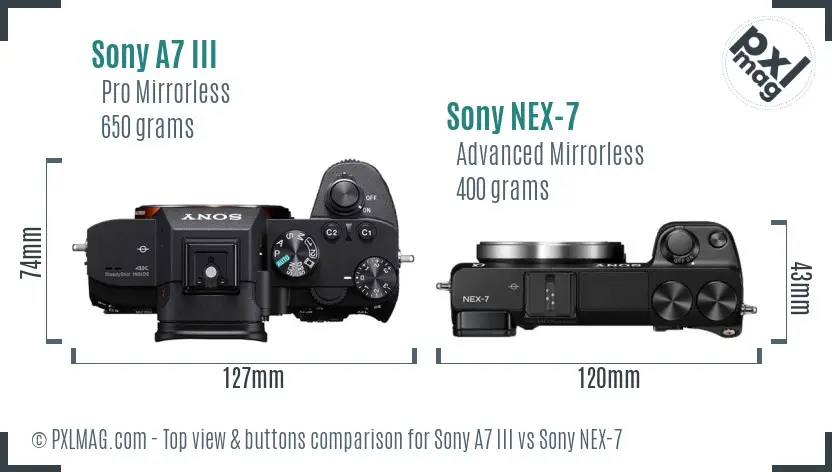 Sony A7 III vs Sony NEX-7 top view buttons comparison