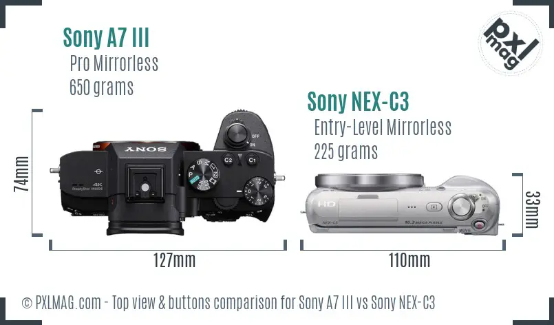 Sony A7 III vs Sony NEX-C3 top view buttons comparison