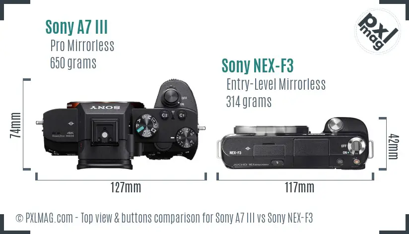 Sony A7 III vs Sony NEX-F3 top view buttons comparison