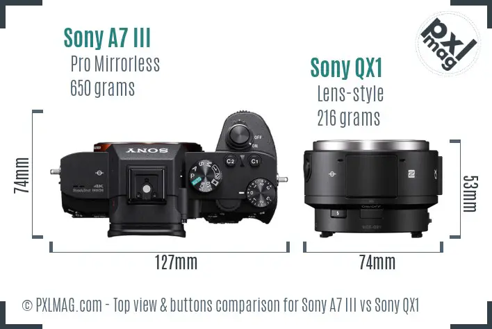 Sony A7 III vs Sony QX1 top view buttons comparison