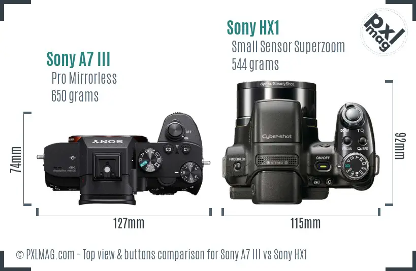 Sony A7 III vs Sony HX1 top view buttons comparison
