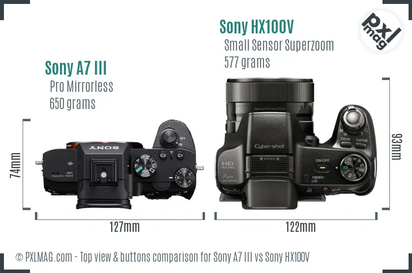 Sony A7 III vs Sony HX100V top view buttons comparison