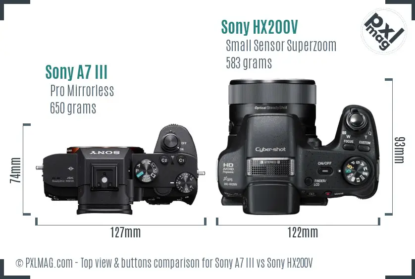 Sony A7 III vs Sony HX200V top view buttons comparison