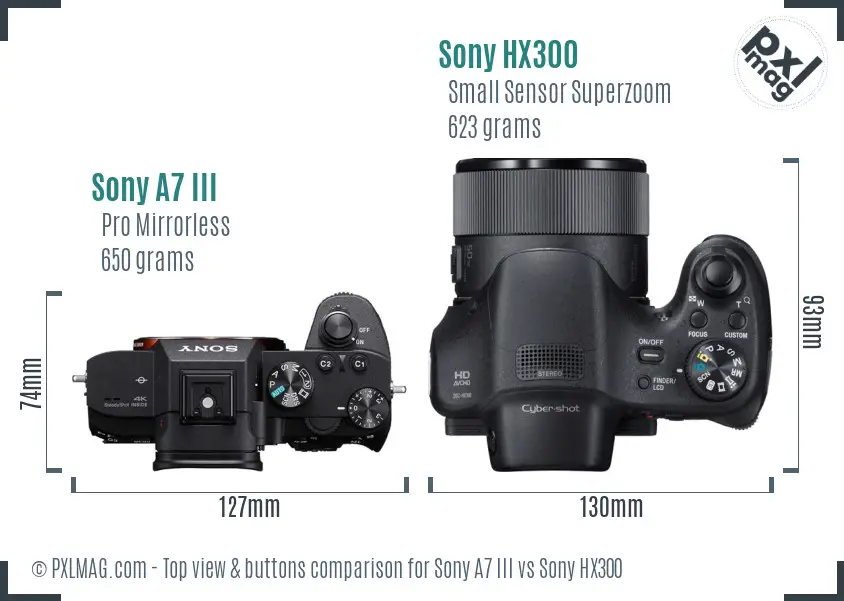 Sony A7 III vs Sony HX300 top view buttons comparison