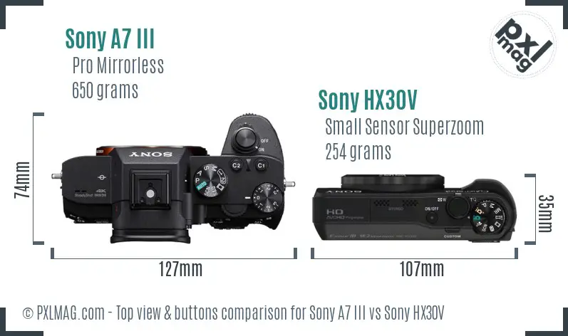 Sony A7 III vs Sony HX30V top view buttons comparison