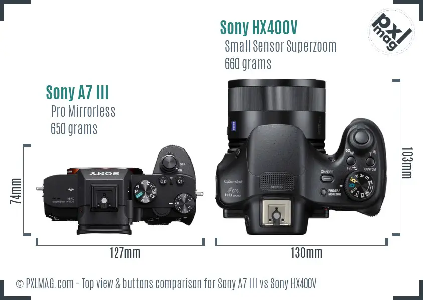 Sony A7 III vs Sony HX400V top view buttons comparison