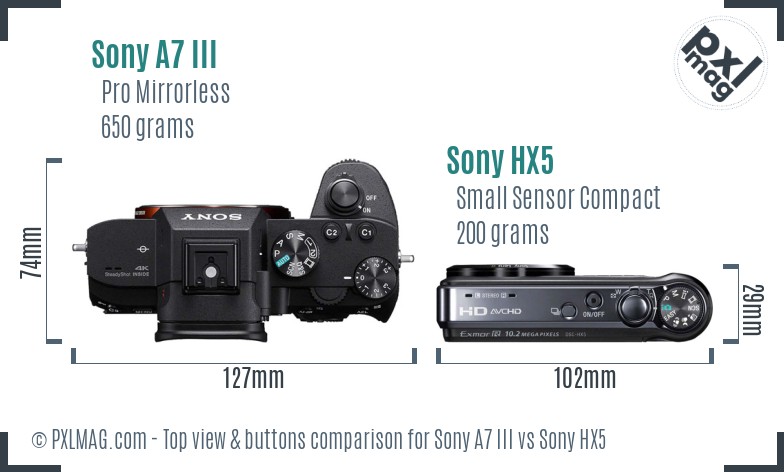 Sony A7 III vs Sony HX5 top view buttons comparison