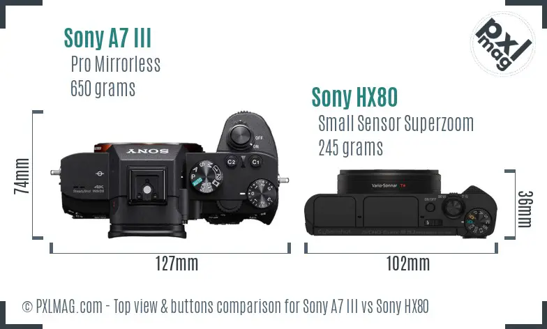 Sony A7 III vs Sony HX80 top view buttons comparison