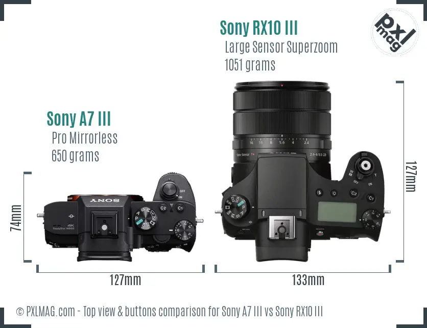 Sony A7 III vs Sony RX10 III top view buttons comparison